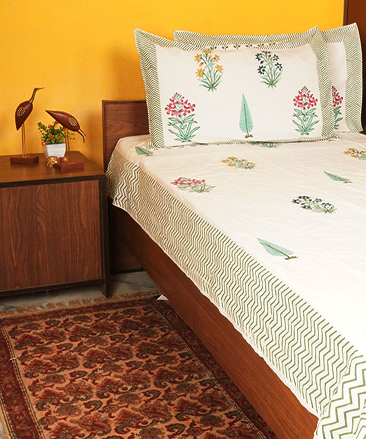 White green floral cotton hand block printed bedsheet