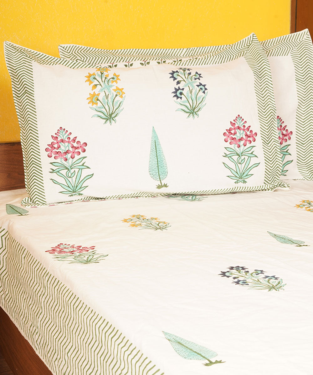 White green floral cotton hand block printed bedsheet