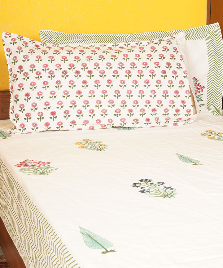 White green floral cotton hand block printed bedsheet