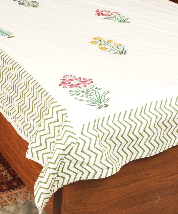 White green floral cotton hand block printed bedsheet