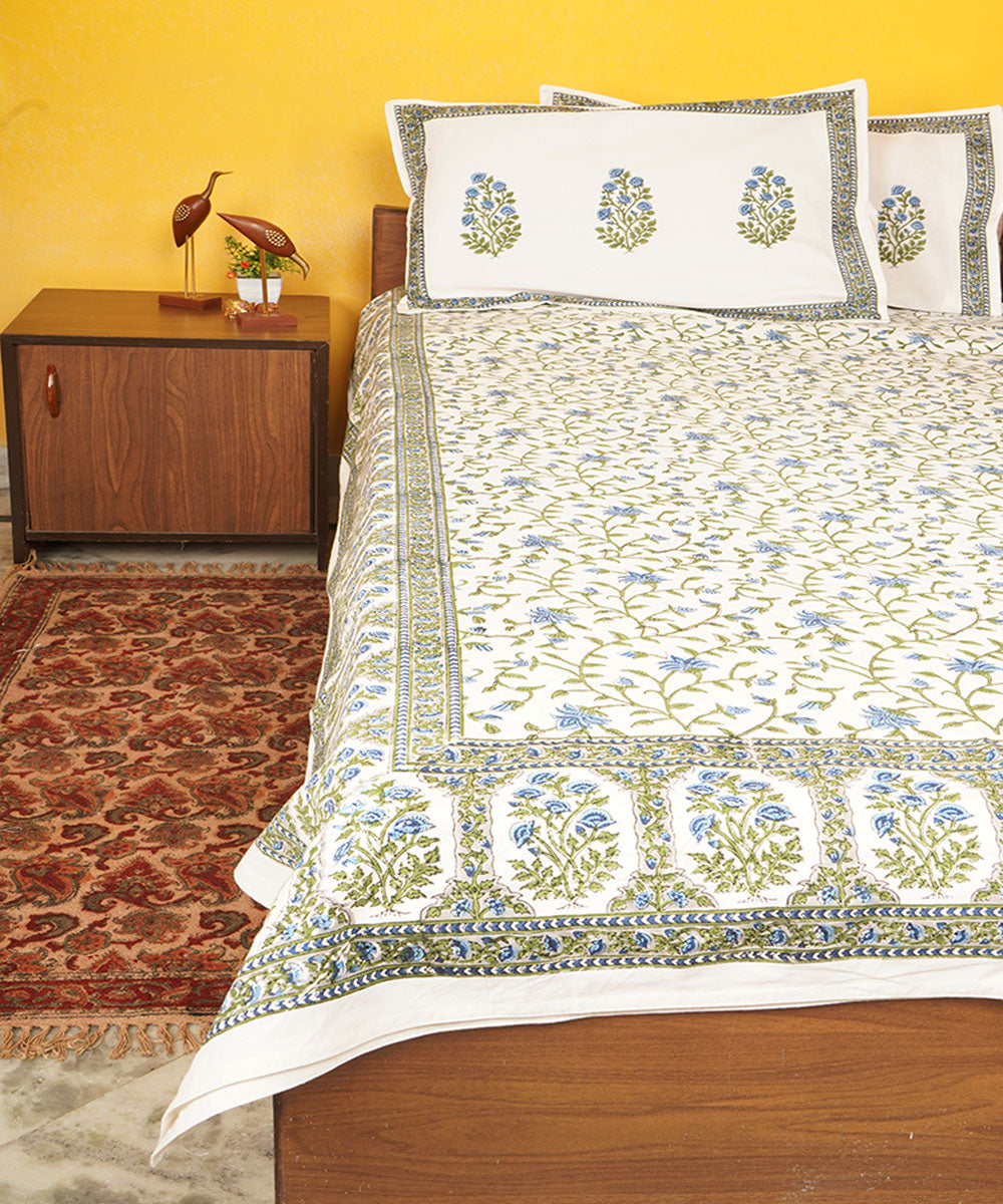 White green cotton hand block printed bedsheet