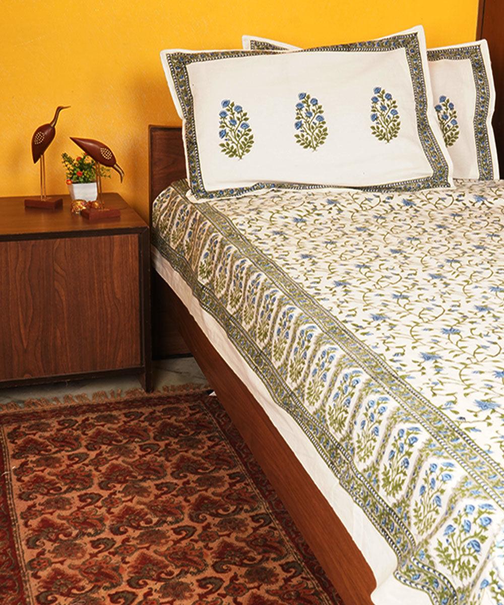 White green cotton hand block printed bedsheet
