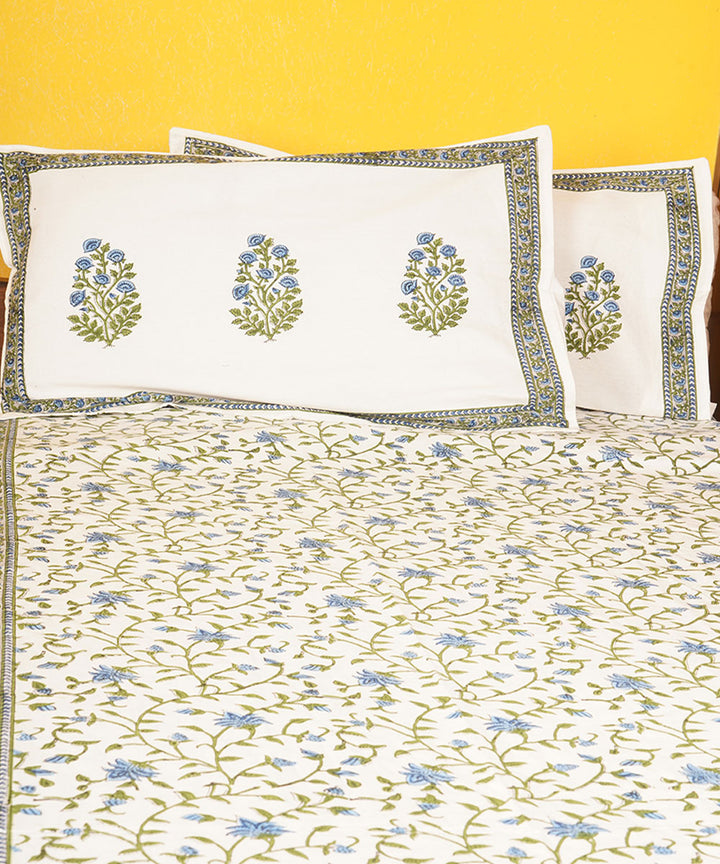 White green cotton hand block printed bedsheet