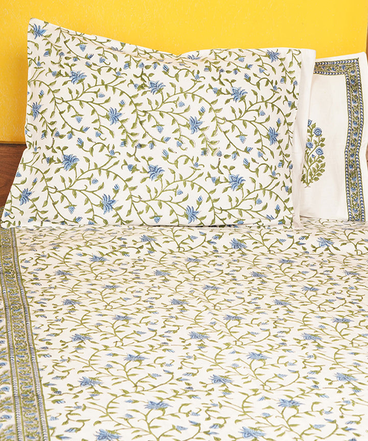 White green cotton hand block printed bedsheet
