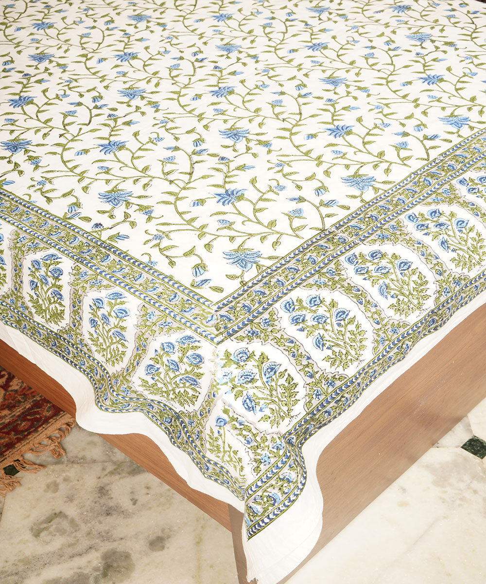 White green cotton hand block printed bedsheet