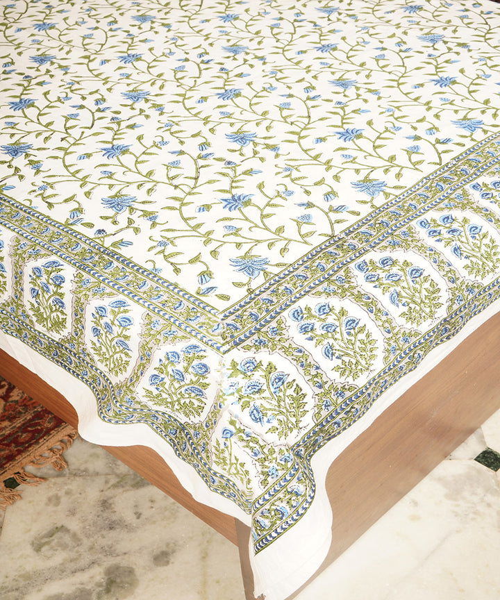 White green cotton hand block printed bedsheet