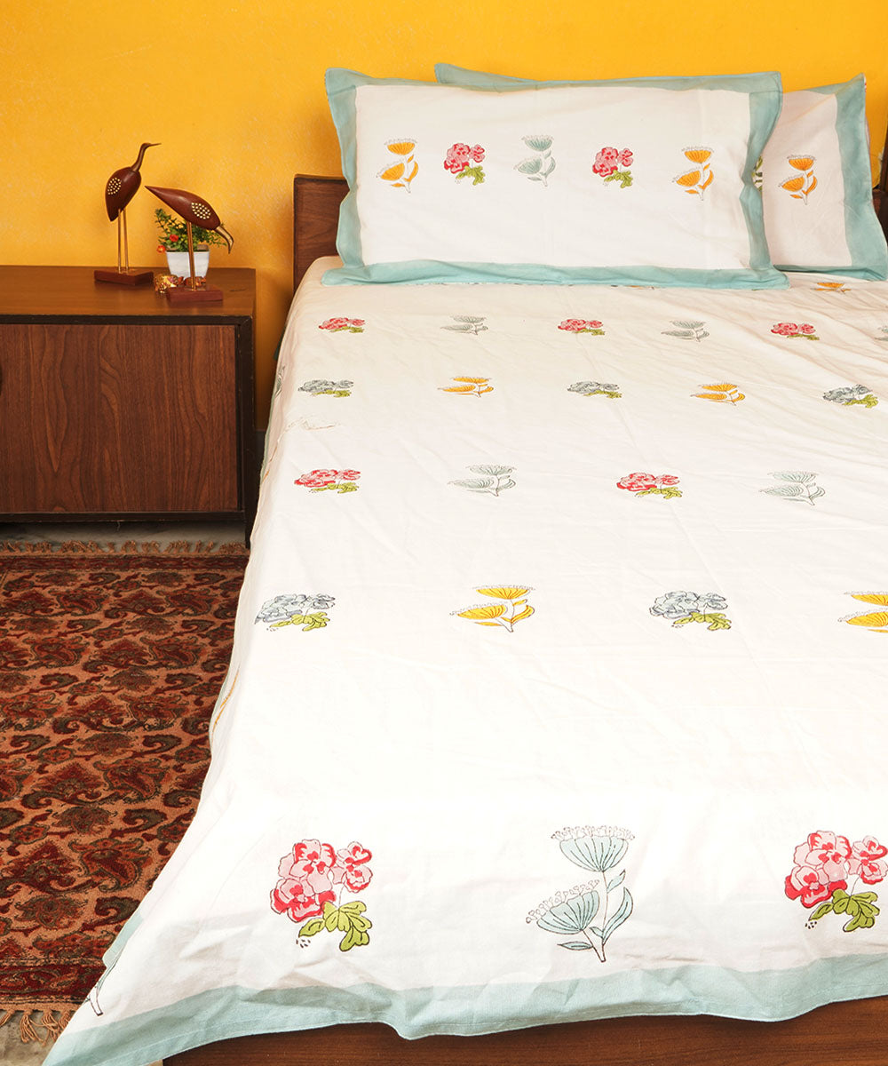 White floral cotton hand block printed bedsheet