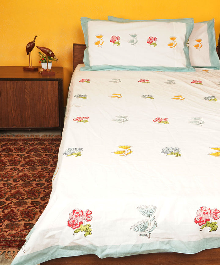 White floral cotton hand block printed bedsheet
