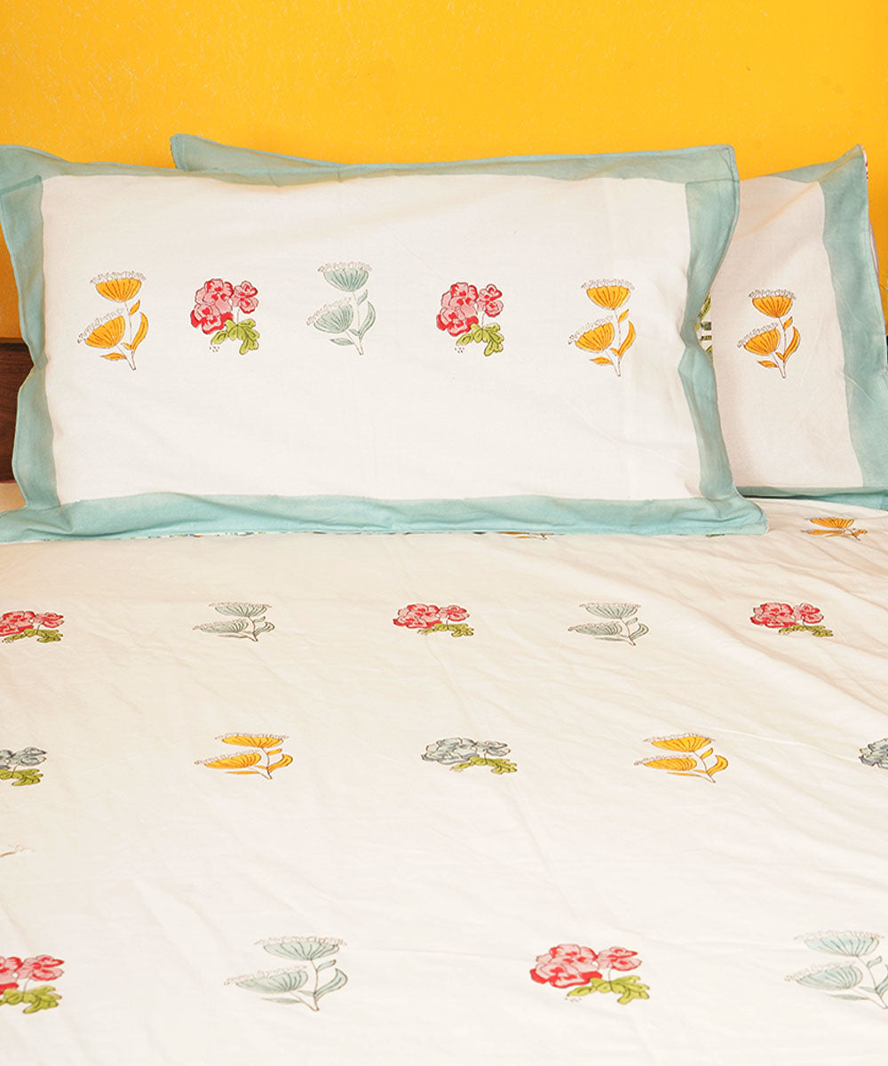 White floral cotton hand block printed bedsheet