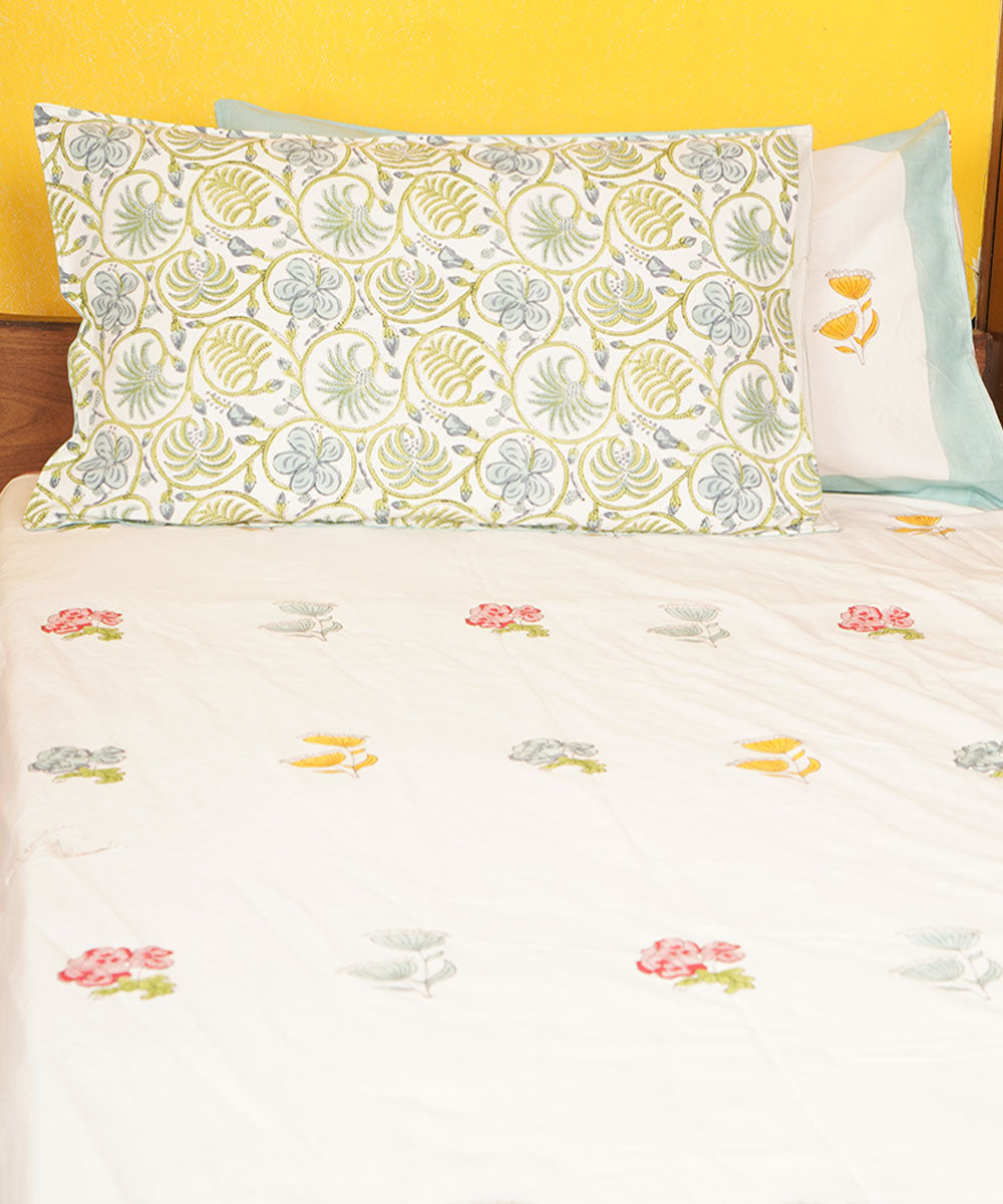 White floral cotton hand block printed bedsheet