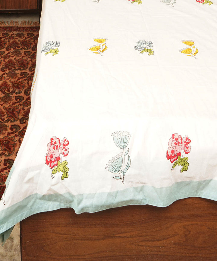 White floral cotton hand block printed bedsheet