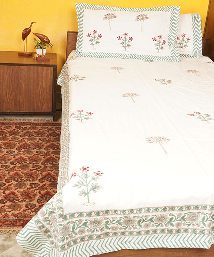 White hand block printed cotton bedsheet