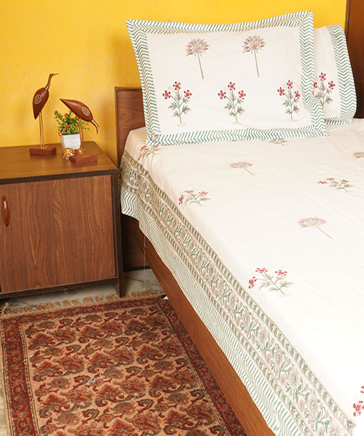 White hand block printed cotton bedsheet