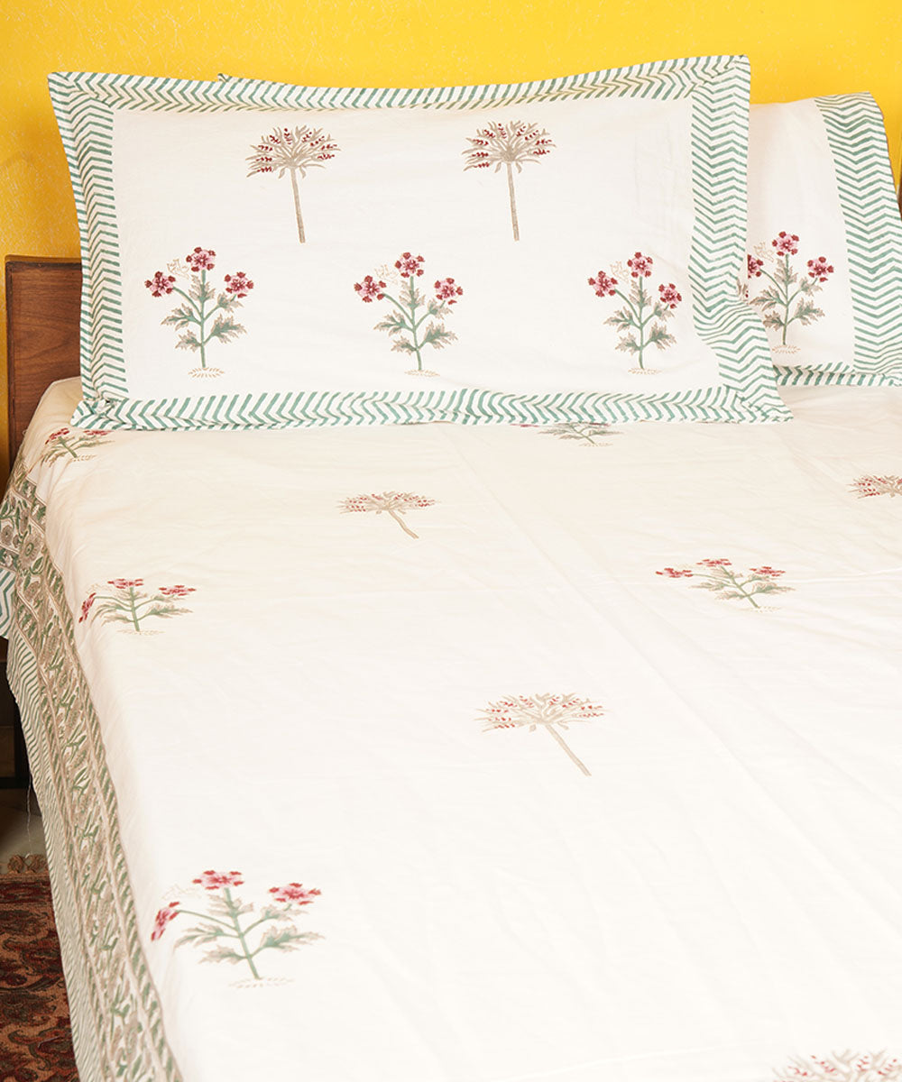 White hand block printed cotton bedsheet