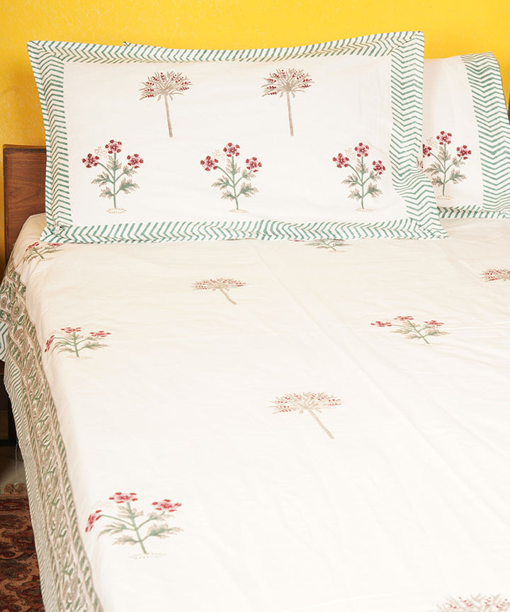 White hand block printed cotton bedsheet