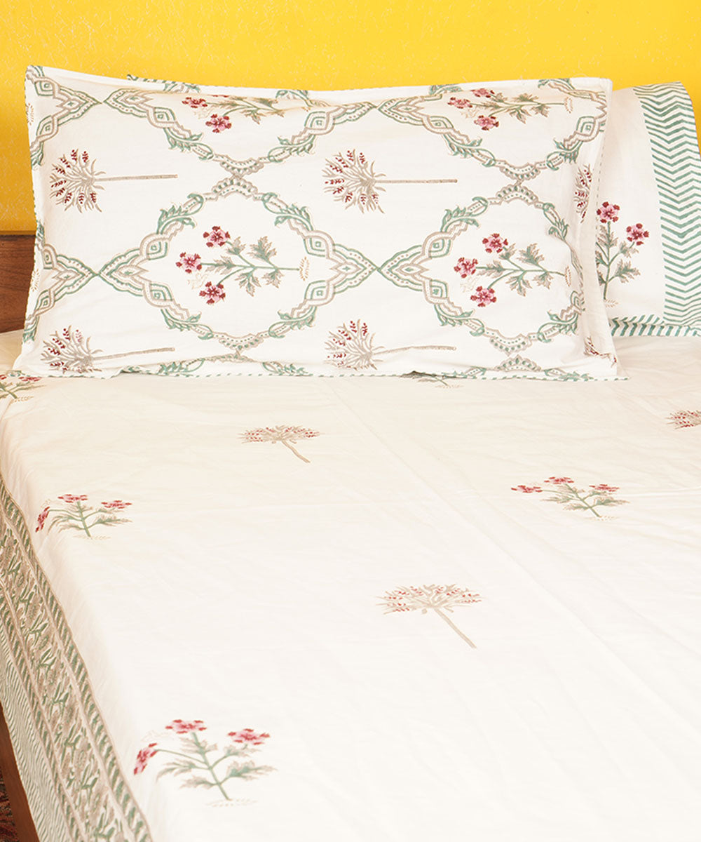 White hand block printed cotton bedsheet