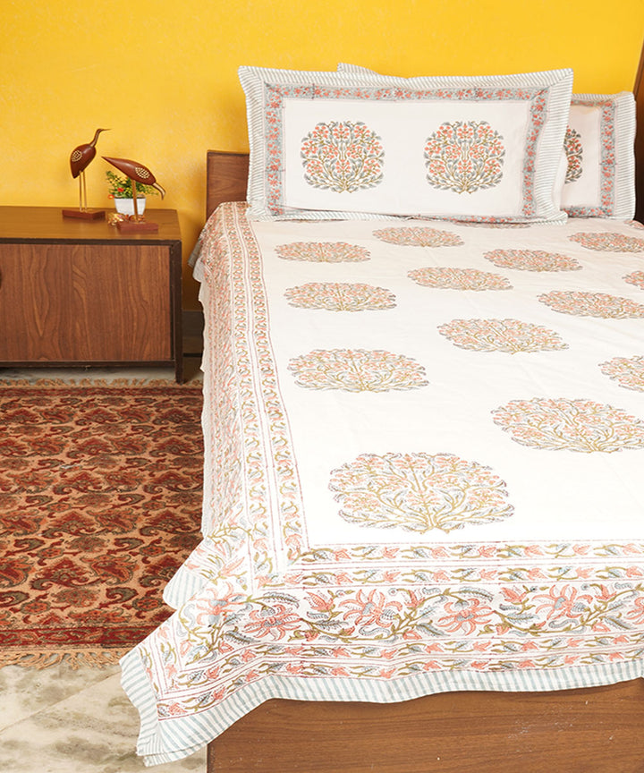 White base cotton hand printed block print bedsheet