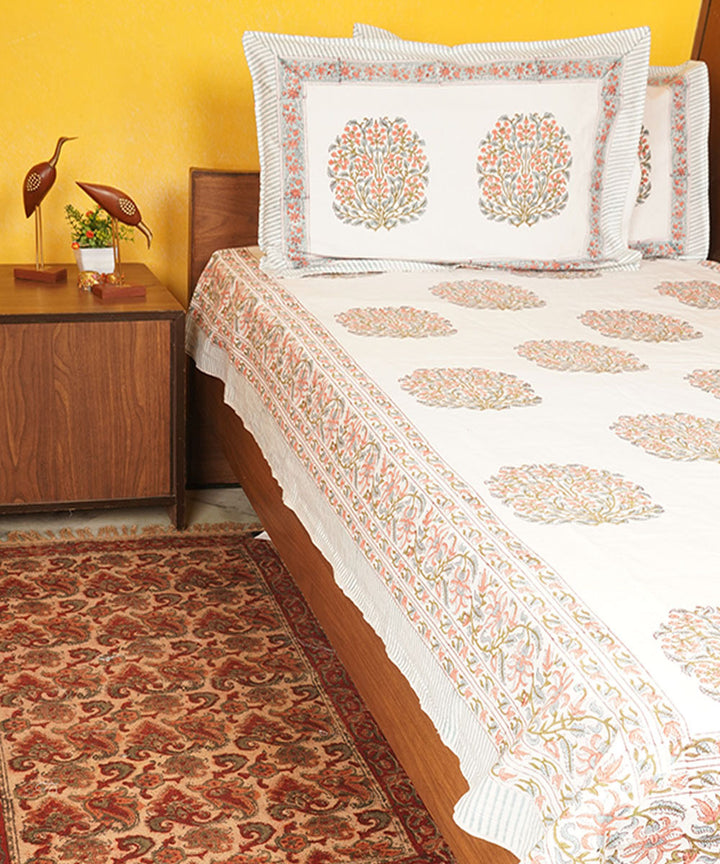 White base cotton hand printed block print bedsheet