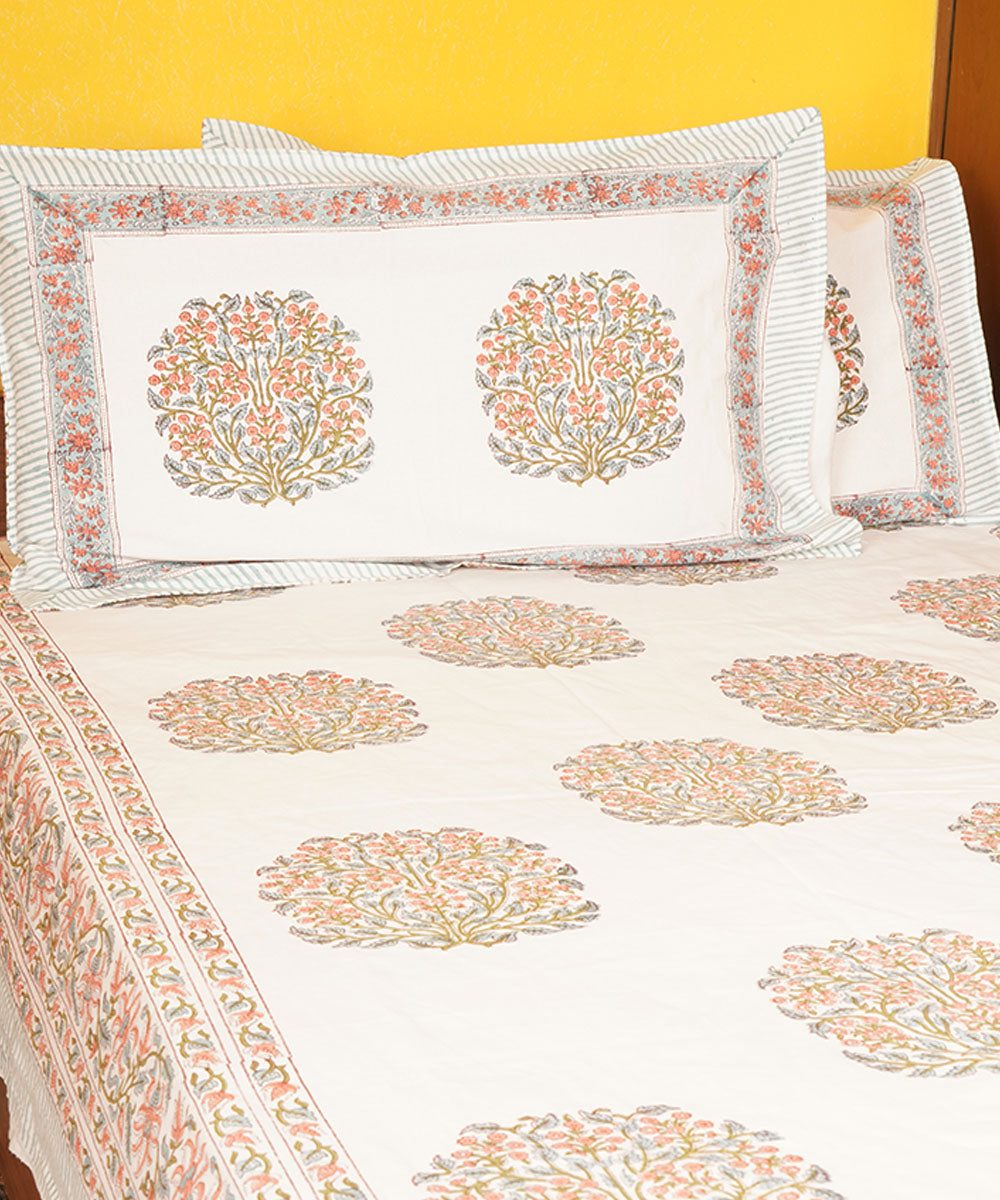 White base cotton hand printed block print bedsheet