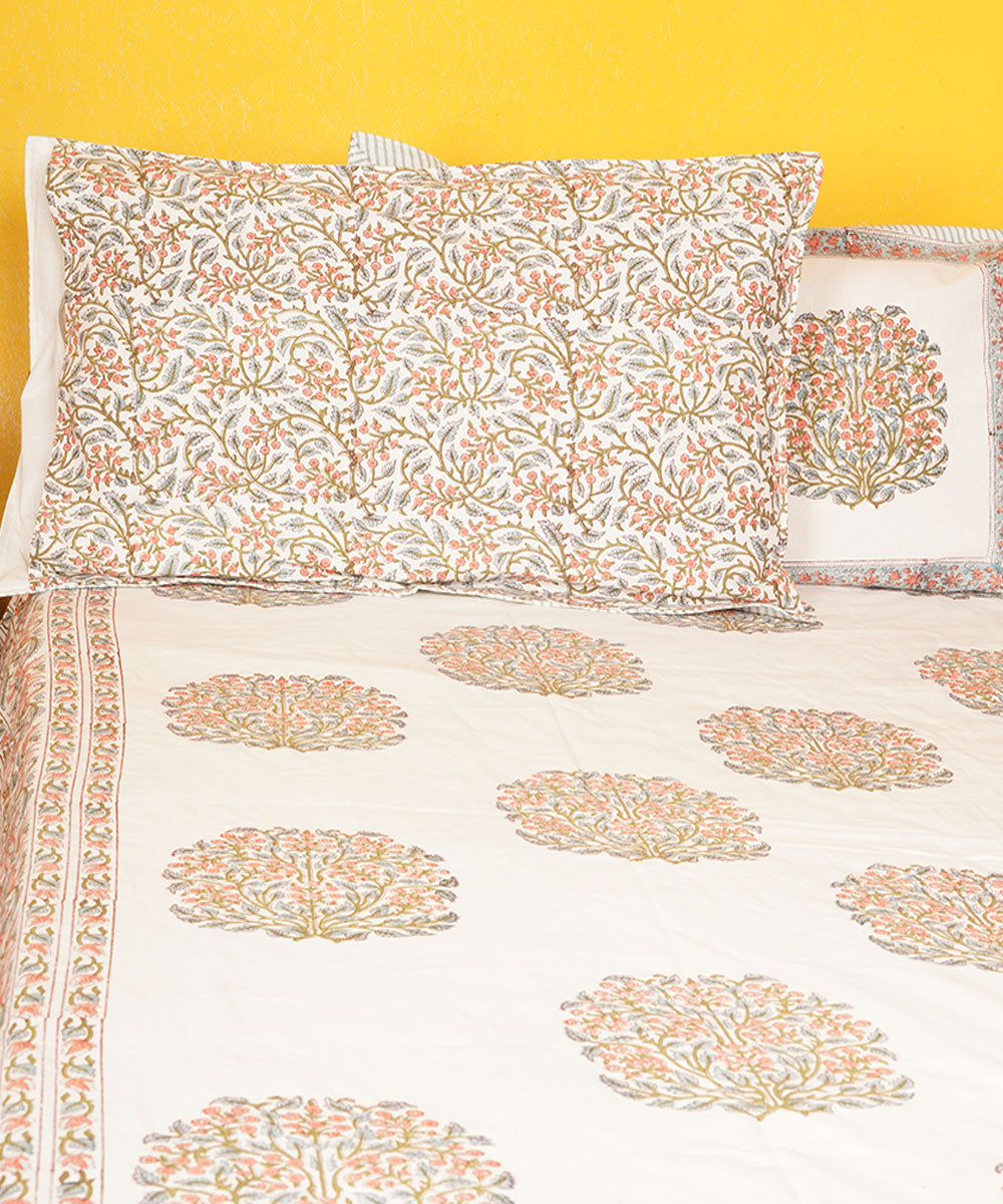 White base cotton hand printed block print bedsheet