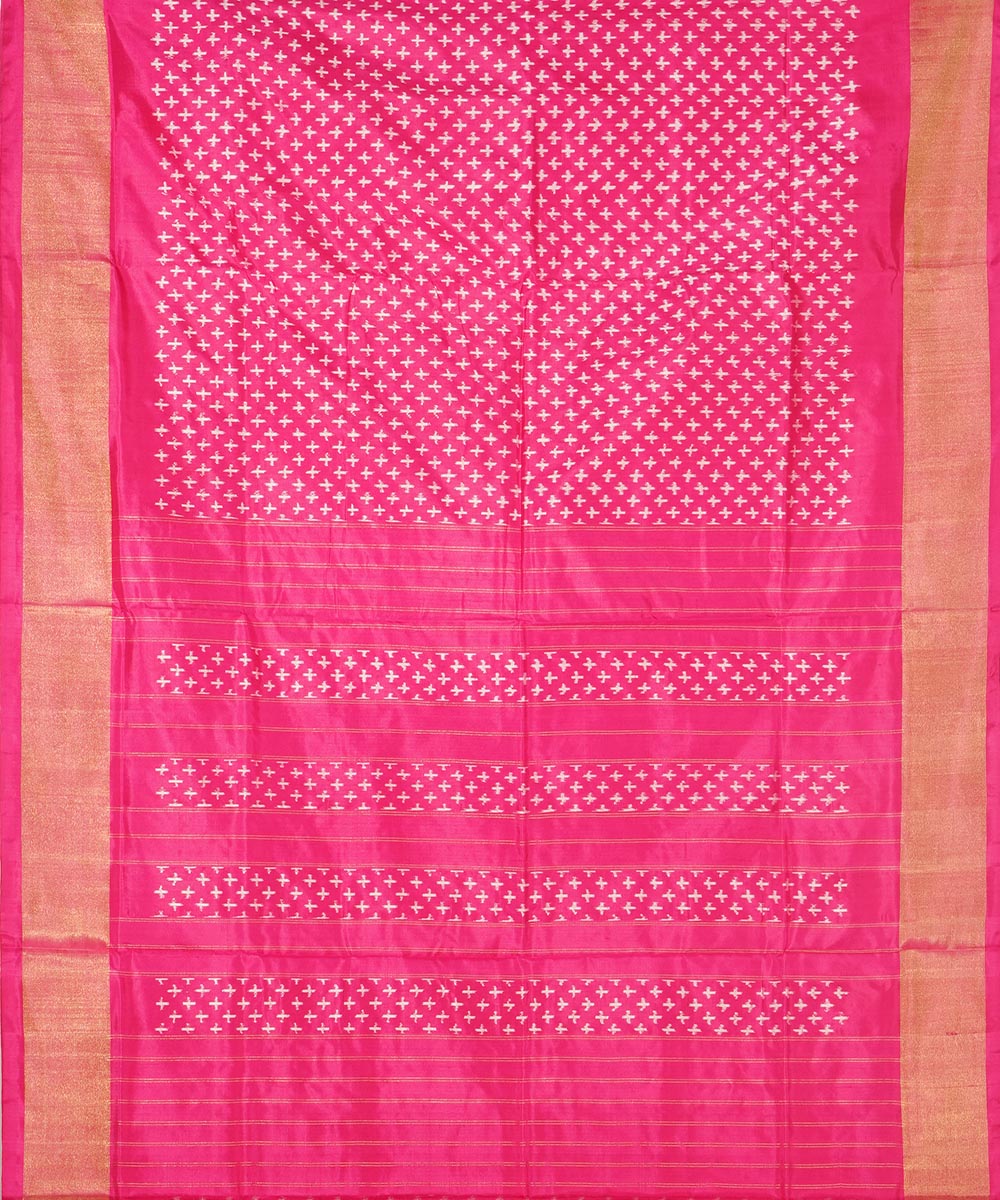 Pink zari border handwoven pochampally ikat silk saree