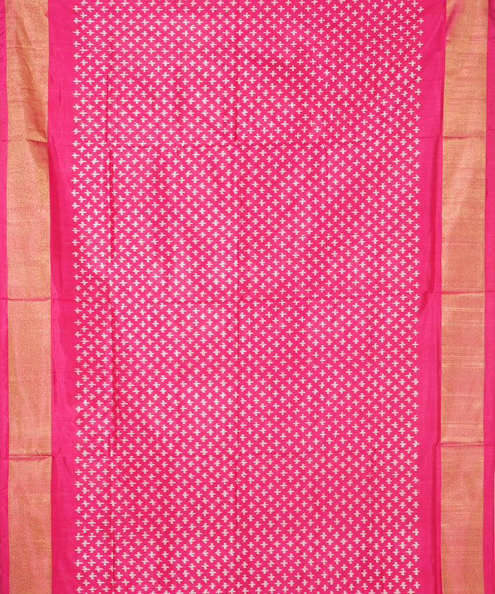 Pink zari border handwoven pochampally ikat silk saree