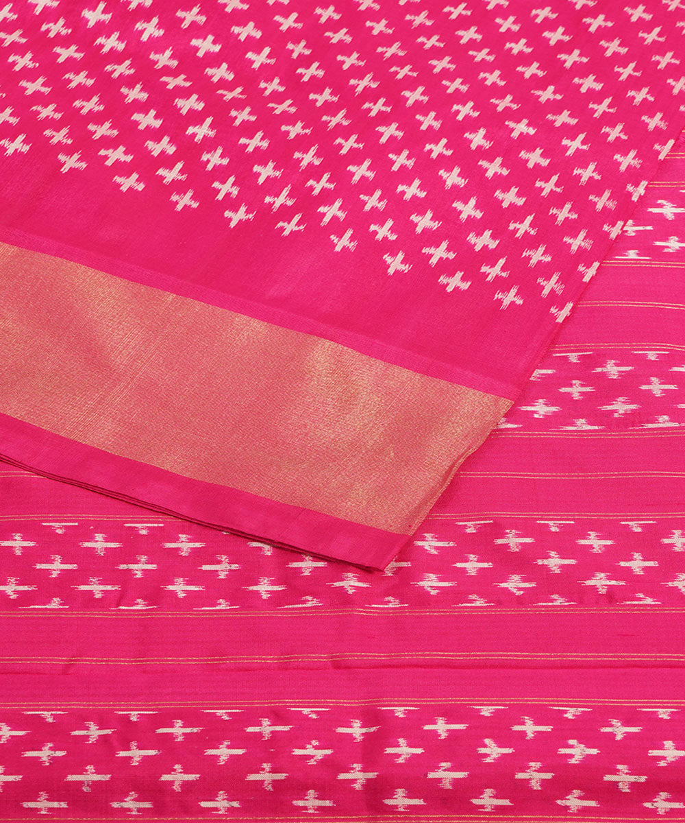 Pink zari border handwoven pochampally ikat silk saree