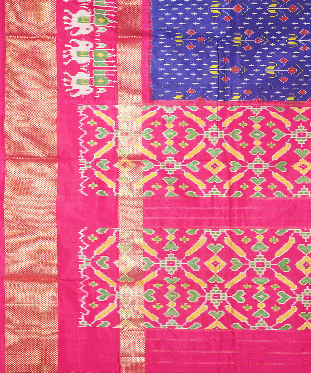 Navy blue pink silk handwoven pochampally ikat saree