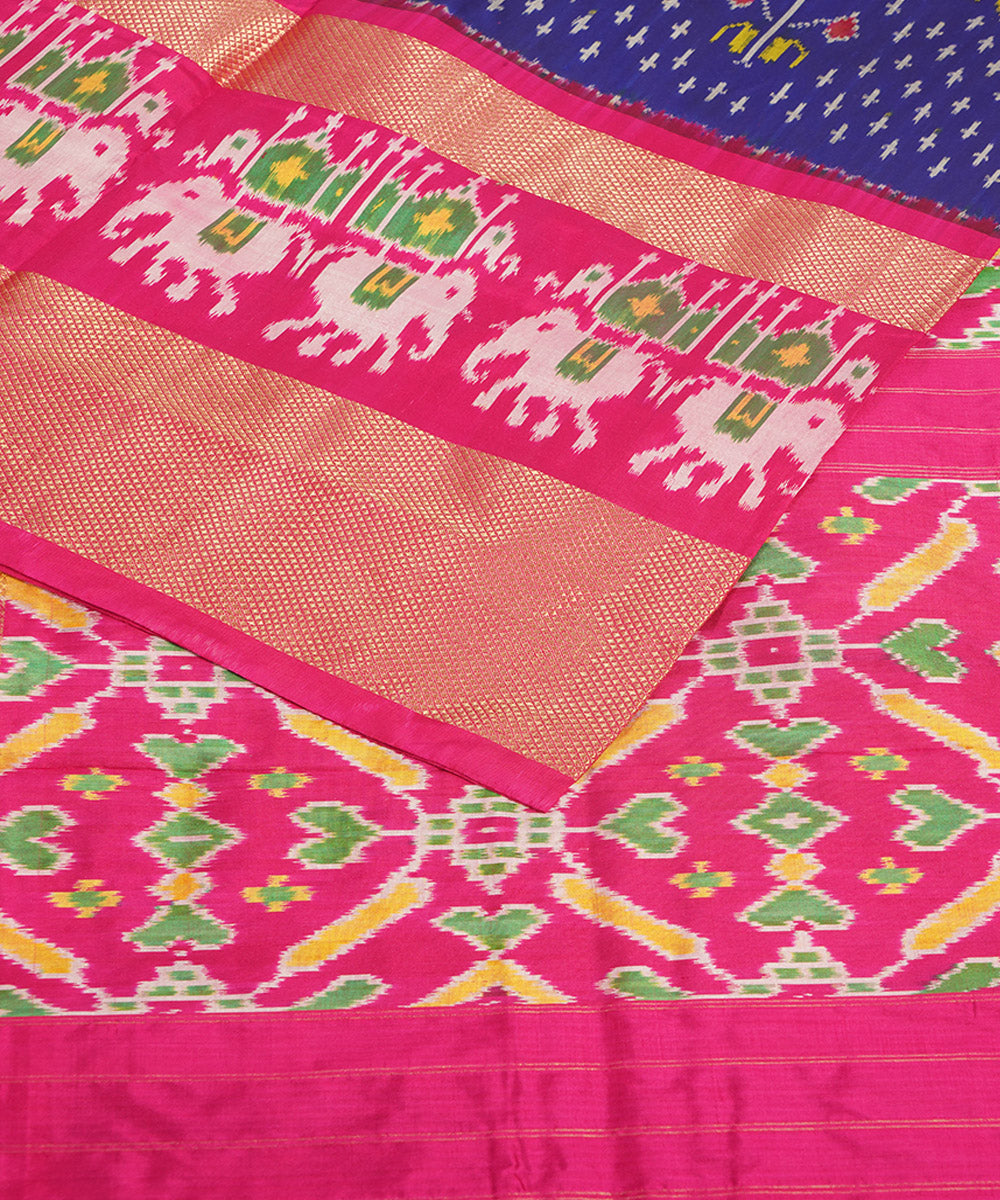 Navy blue pink silk handwoven pochampally ikat saree