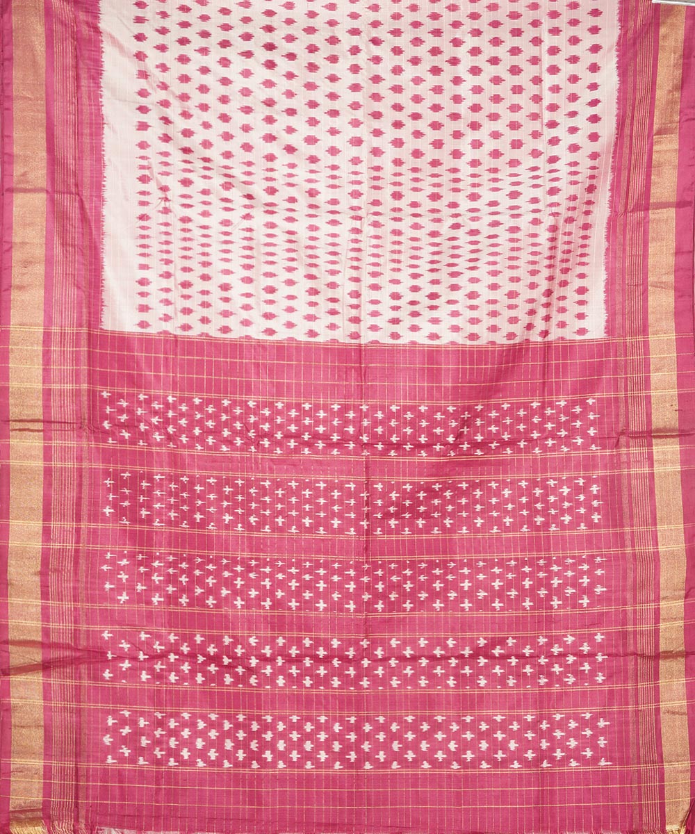 Offwhite pink silk handwoven pochampally ikat saree