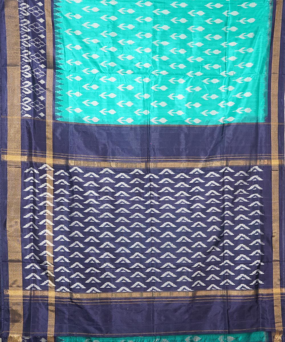 Light green dark blue silk handwoven pochampally ikat saree