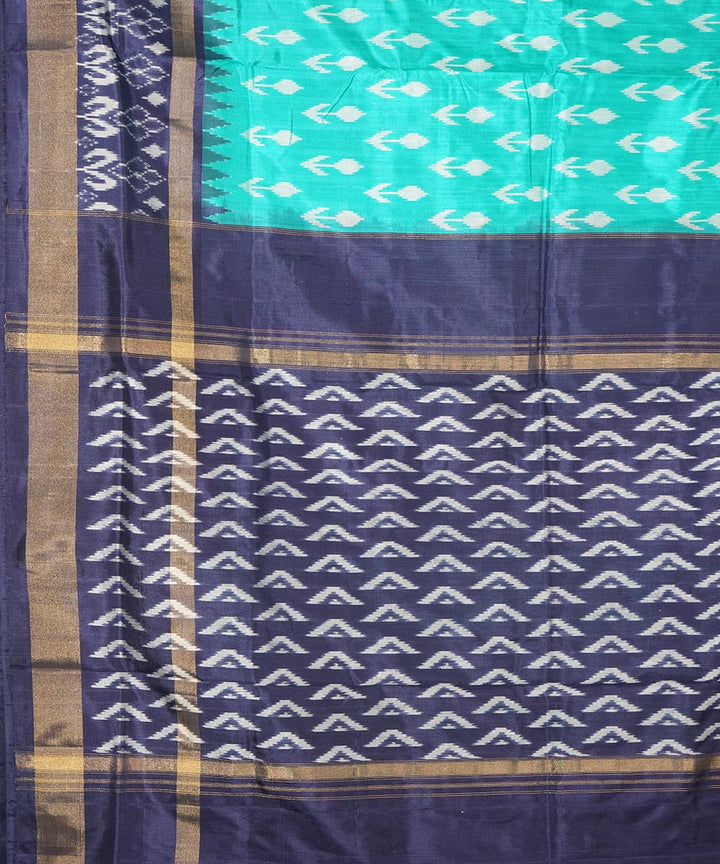 Light green dark blue silk handwoven pochampally ikat saree