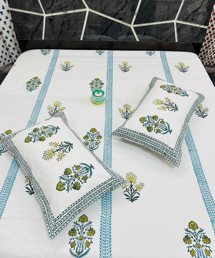 Sky blue striped sanganeri block printed cotton king size bedsheet