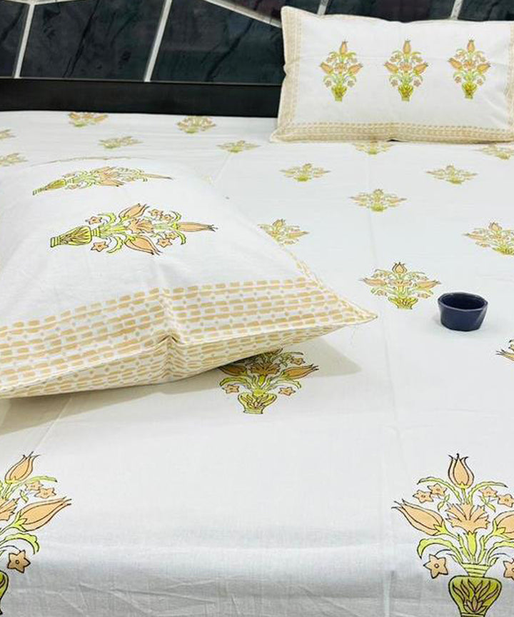 Yellow sanganeri block printed cotton king size bedsheet