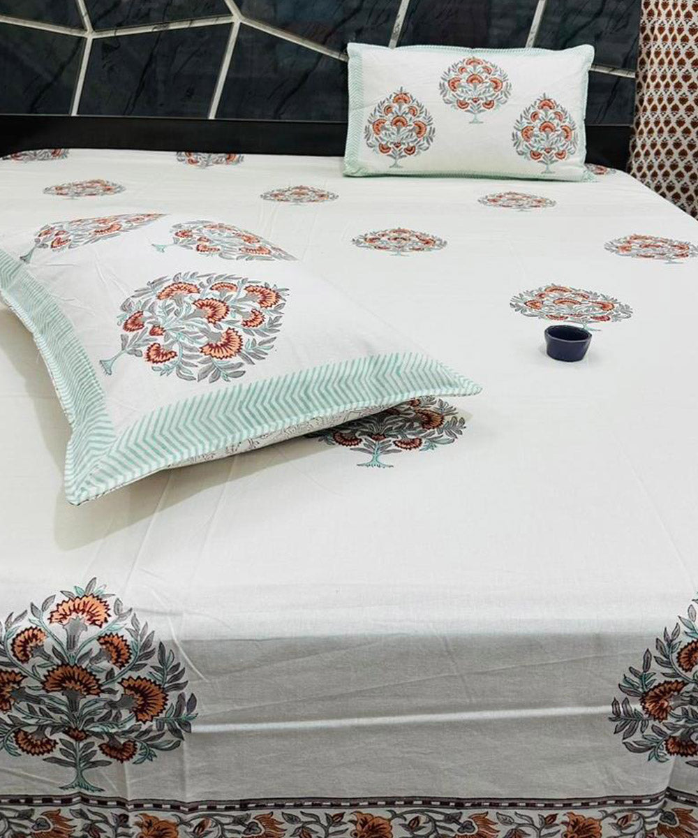 Brown white sanganeri block printed cotton king size bedsheet