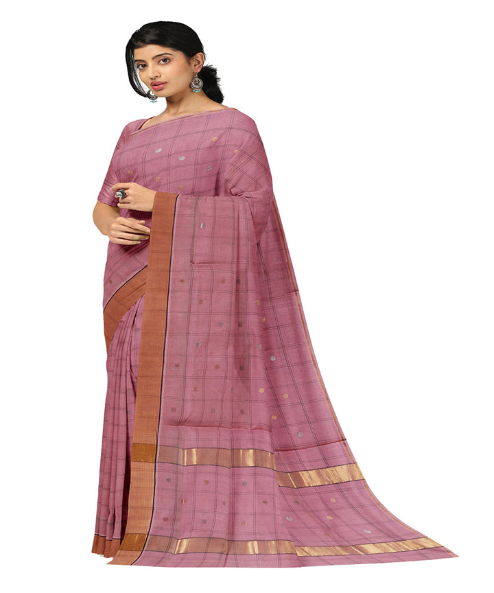 Pink checked handwoven venkatagiri cotton saree