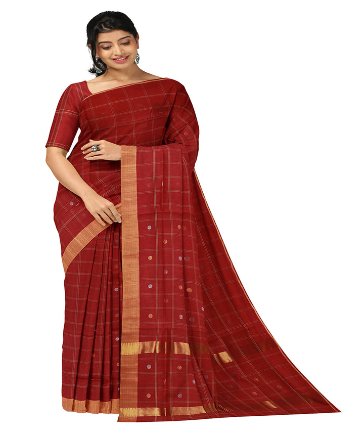 Brick red checked cotton handwoven venkatagiri saree