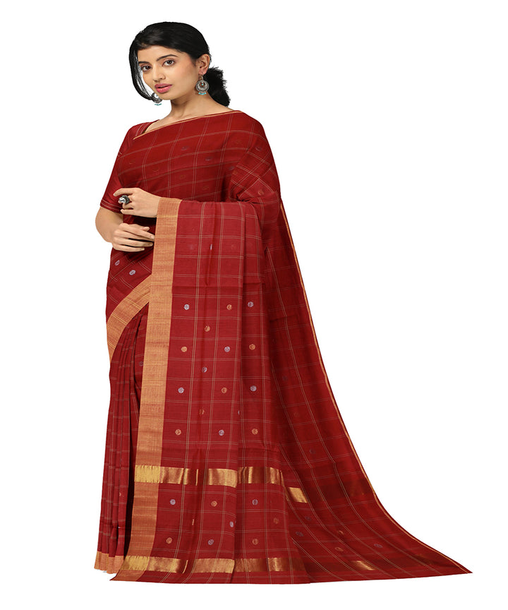 Brick red checked cotton handwoven venkatagiri saree