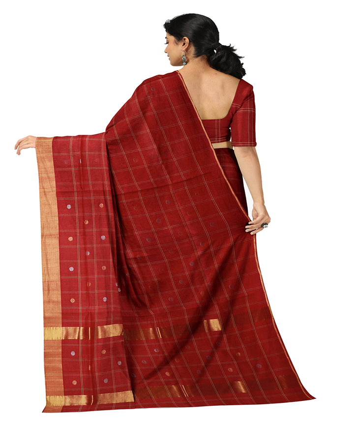 Brick red checked cotton handwoven venkatagiri saree