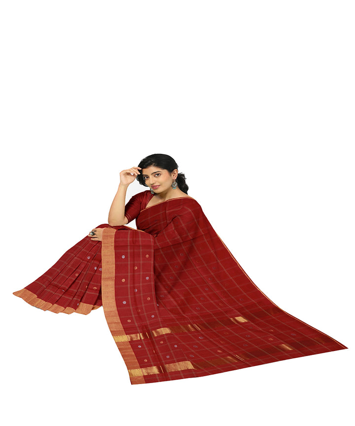 Brick red checked cotton handwoven venkatagiri saree