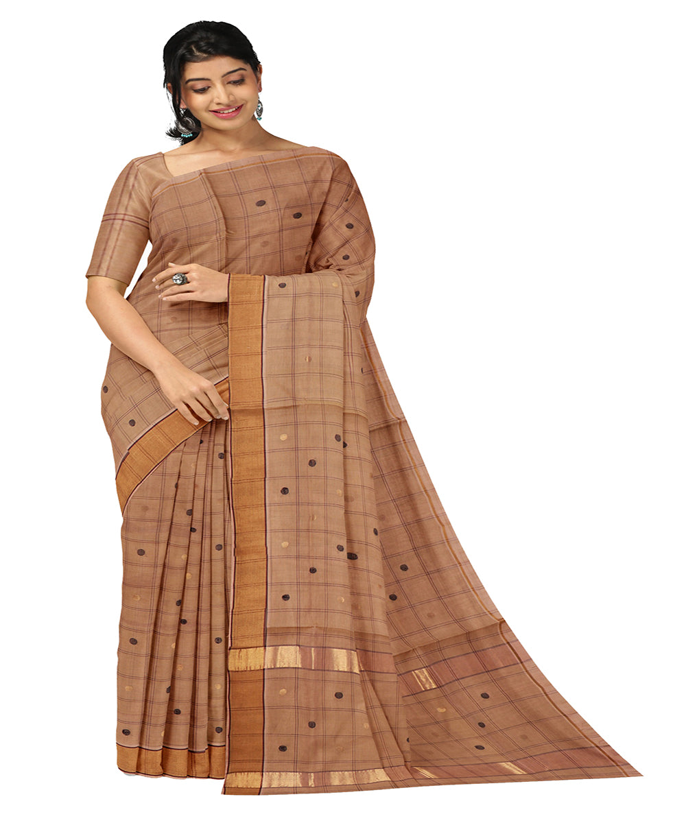 Brown checked cotton handwoven venkatagiri saree