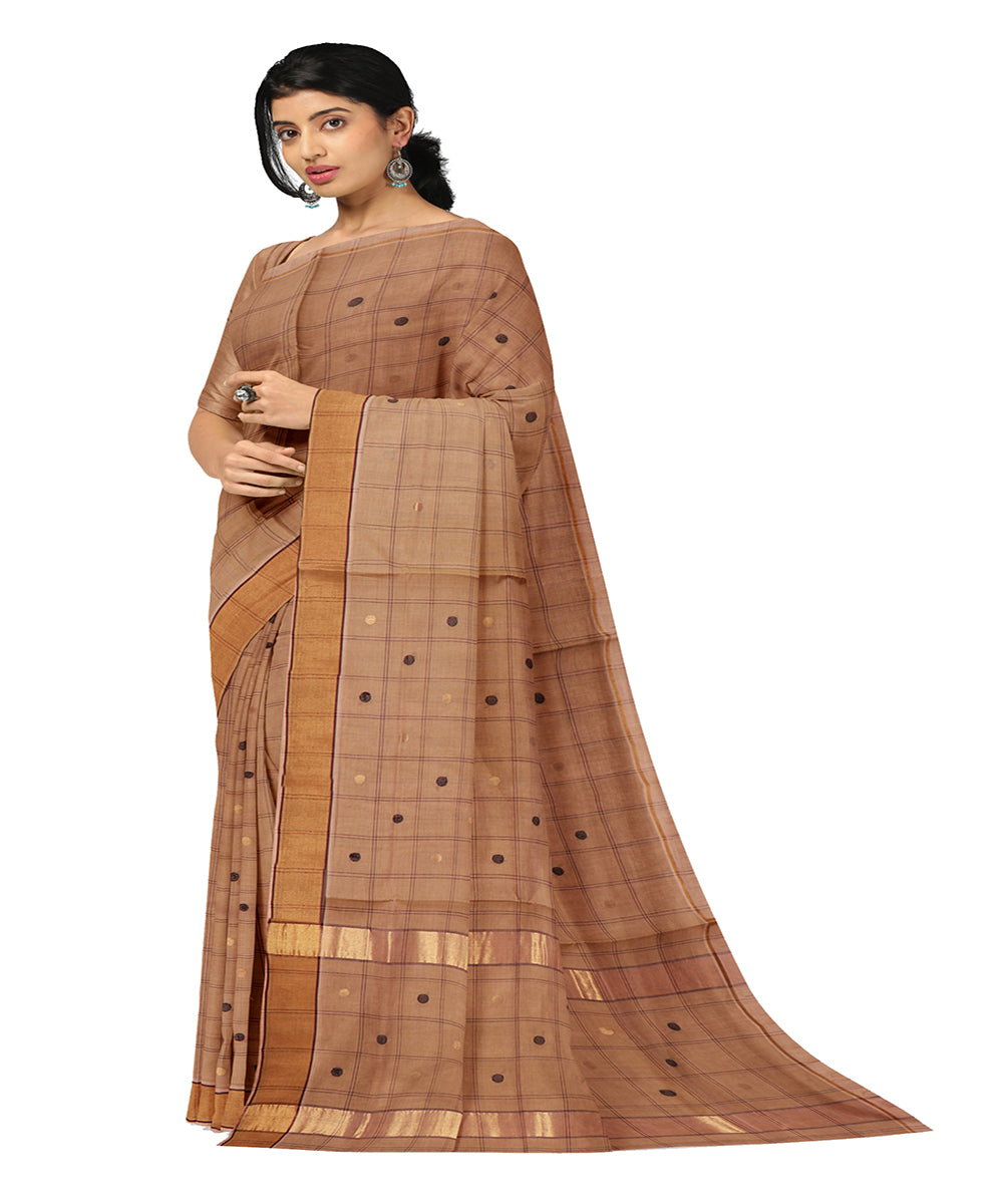 Brown checked cotton handwoven venkatagiri saree