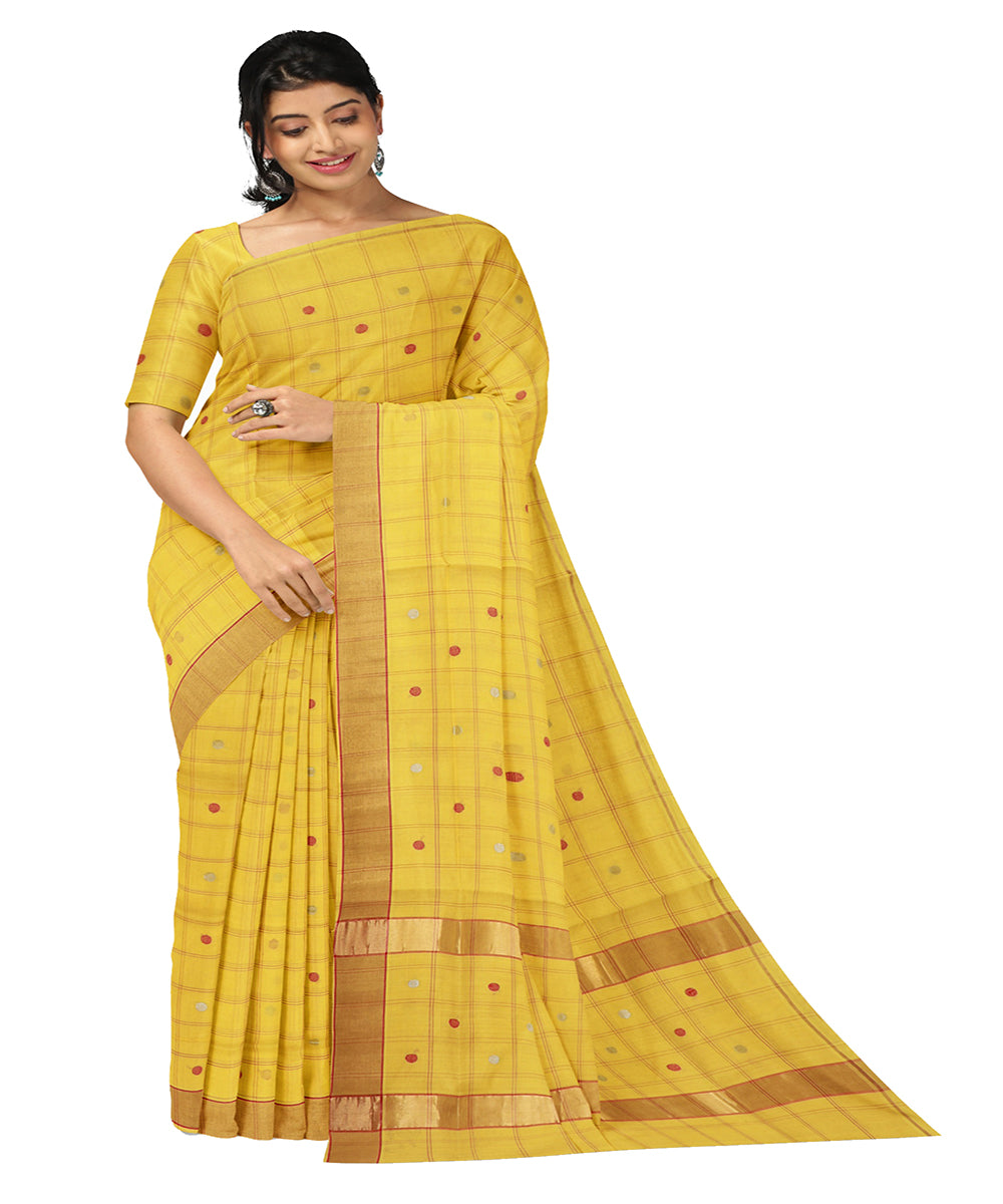 Yellow checked cotton handwoven venkatagiri saree