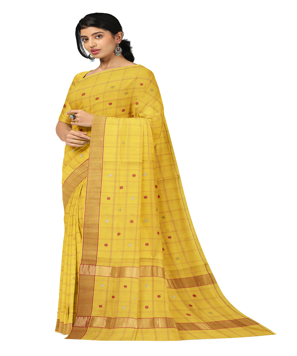 Yellow checked cotton handwoven venkatagiri saree