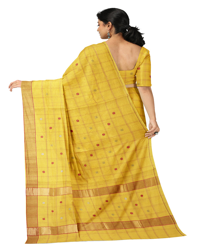 Yellow checked cotton handwoven venkatagiri saree