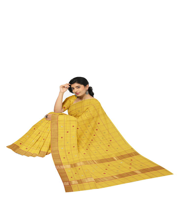 Yellow checked cotton handwoven venkatagiri saree