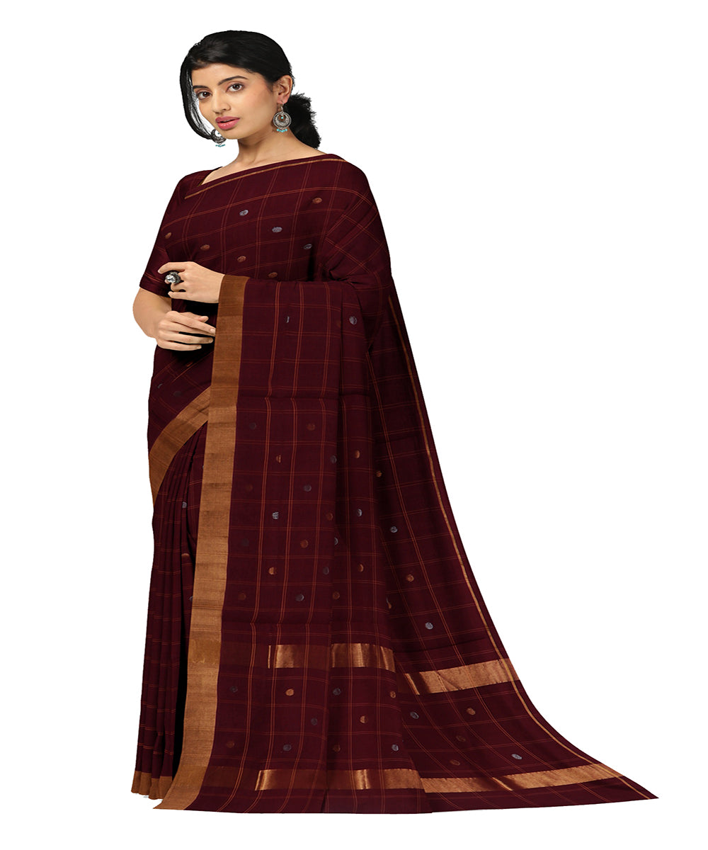 Maroon checked handwoven venkatagiri cotton saree