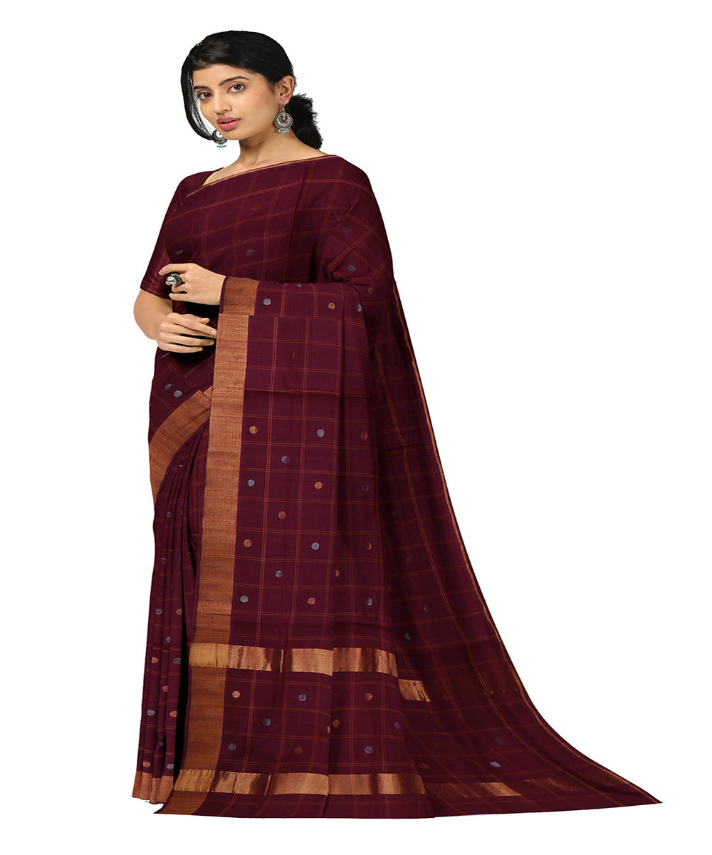 Maroon checked cotton handwoven venkatagiri saree
