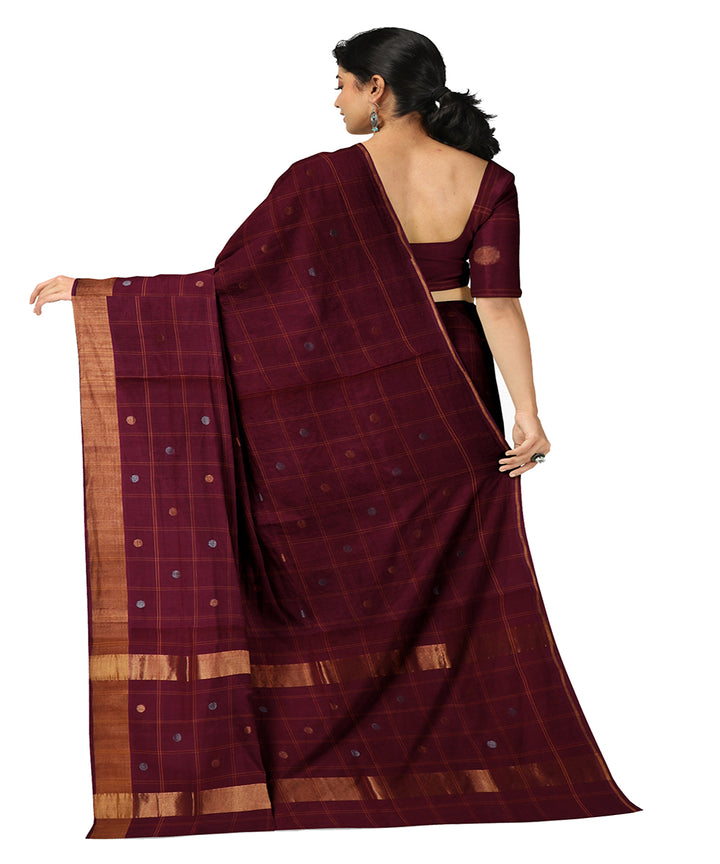 Maroon checked cotton handwoven venkatagiri saree