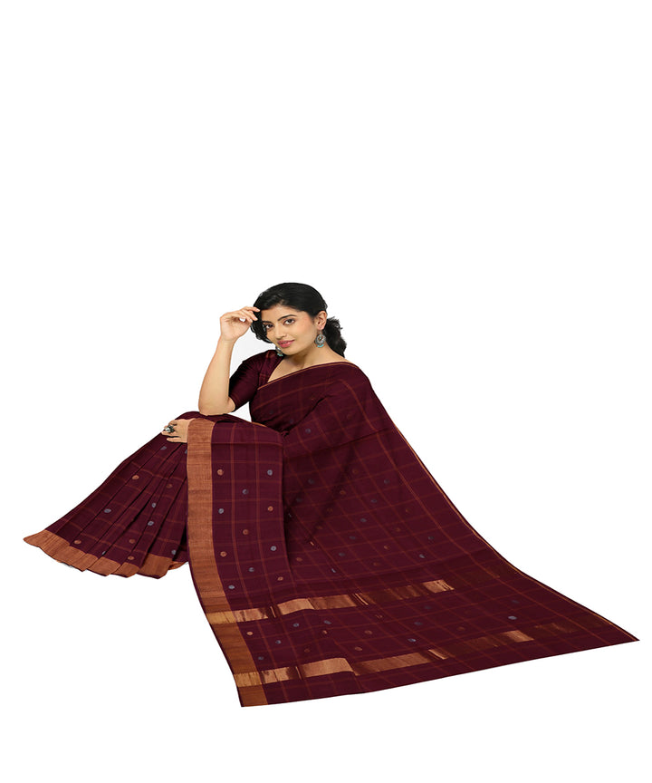 Maroon checked cotton handwoven venkatagiri saree
